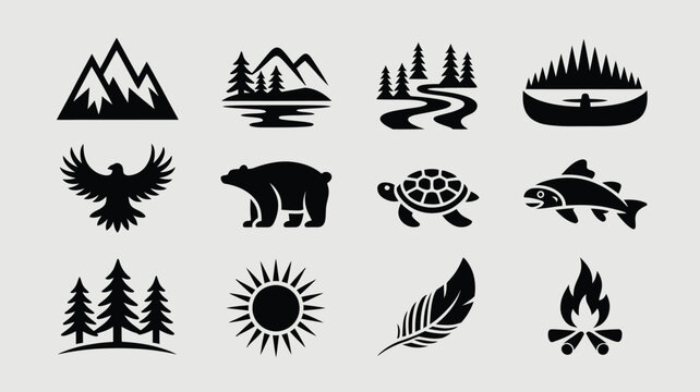 Nature and wildlife icon set featuring mountains forests canoes eagles and wild animals.