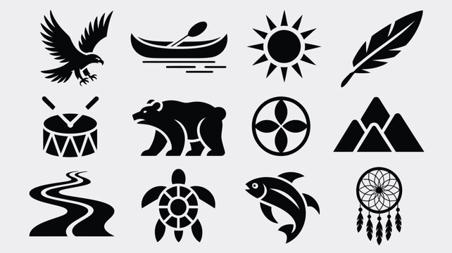 Collection of indigenous tribal elements featuring eagle canoe sun and feather graphics.