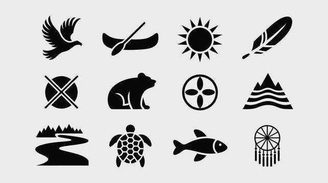 Set of indigenous culture vector icons representing traditional symbols and native nature.