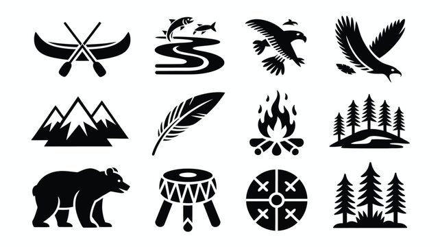 Set of wilderness and outdoor activity icons featuring mountain bear canoe forest bird.