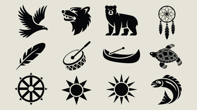 Indigenous native cultural tribal elements collection featuring animals and sacred symbols.
