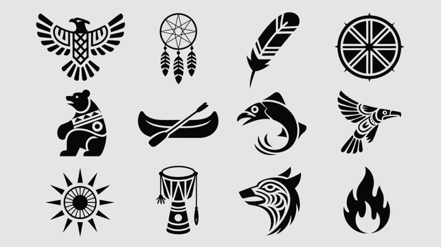 Native tribal art icon collection featuring wildlife and spiritual cultural emblems set.