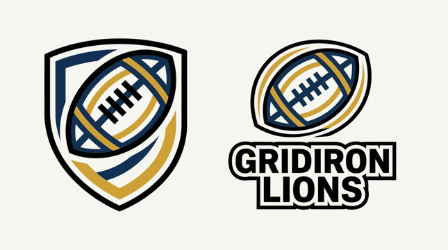 American football team logo featuring a shield with a football and a separate emblem with text