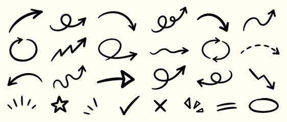 Black doodle arrow vector collection with hand drawn curved arrows, sketch direction signs, loop symbols and ink pointer elements for notes and highlights © aura studio