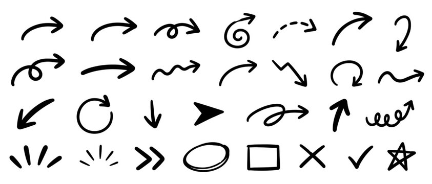 Hand drawn arrow vector set with black ink doodle arrows, curved sketch symbols, loop directions and highlight marks for notes, pointers and creative design
