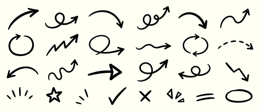 Black doodle arrow vector collection with hand drawn curved arrows, sketch direction signs, loop symbols and ink pointer elements for notes and highlights