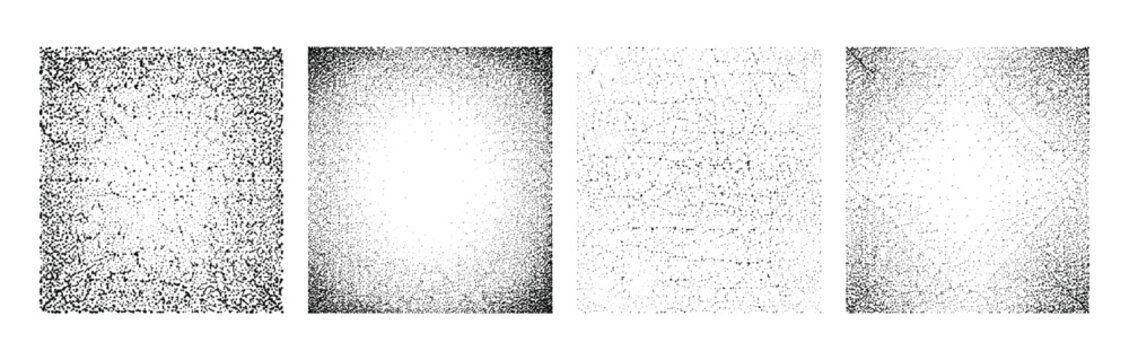 Minimal grain noise square backgrounds vector set with stipple dots, black halftone texture, rough dust speckles and soft gradient fade pattern