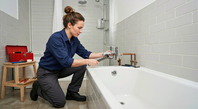 Woman plumber holding bathtub faucet. Female worker installing chrome tap on copper pipes. Home maintenance and plumbing repair service concept