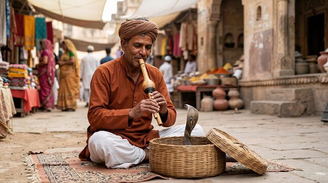 Indian snake charmer playing pungi flute to a cobra. Traditional street performance in a bustling market in India