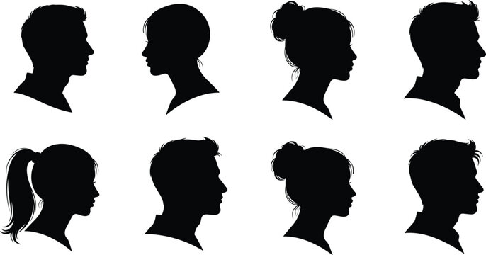 Collection of minimal black head profile silhouettes featuring diverse male and female avatars side view isolated on white background