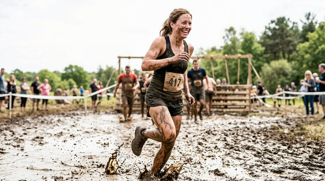 Female runner smiling in a mud run obstacle race. Muddy young woman participating in an extreme endurance event. Outdoor fitness challenge