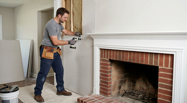 Builder using a power drill to install drywall next to a brick fireplace. Male contractor with a tool belt working on living room wall renovation