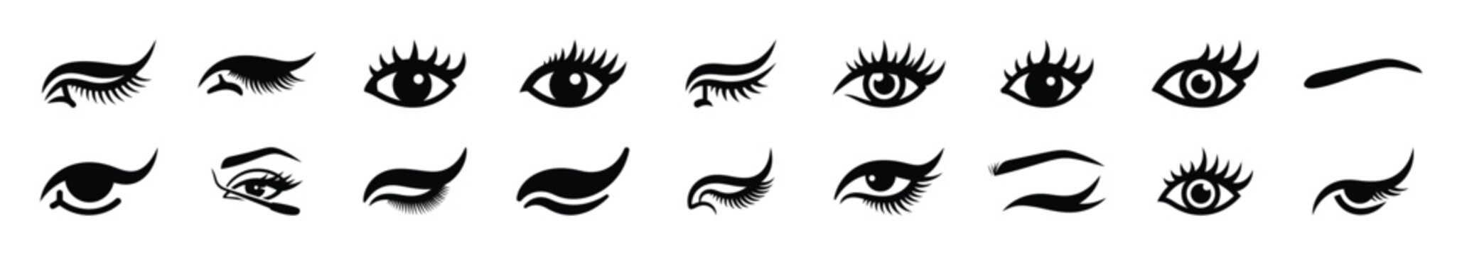Minimalist female lash lifting silhouette icon set, women view and beauty vector icons