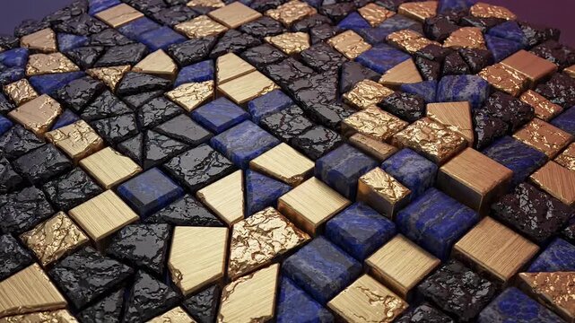 Overhead view of irregular stone mosaic tiles in dark blue and gray tones with textured surface pattern