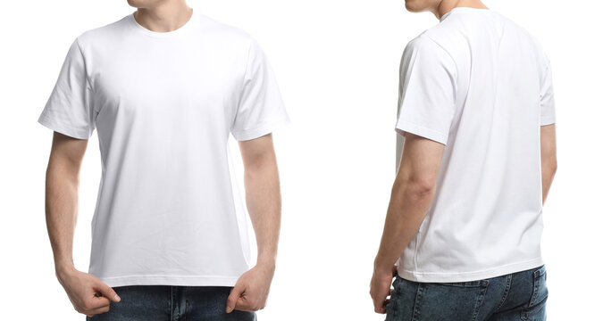 Young man wearing t-shirt against white background, closeup. Collage