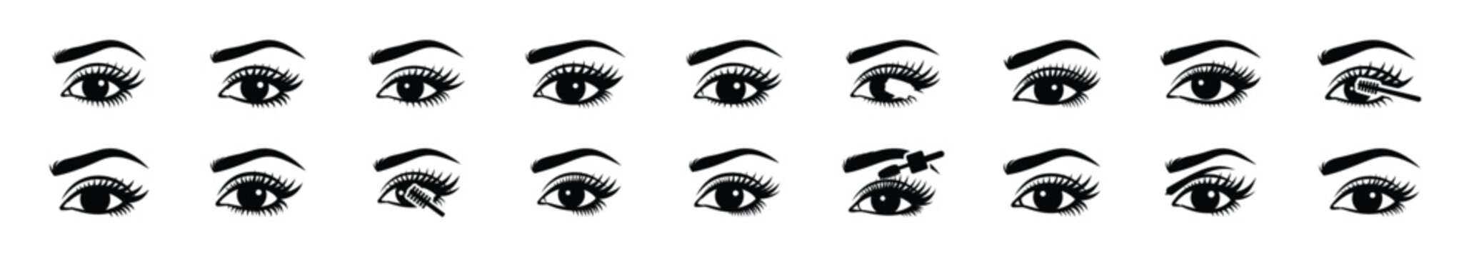 Minimalist female lash tinting silhouette icon set, women view and beauty vector icons