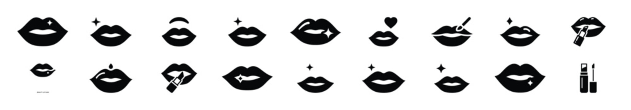 Minimalist female lip care silhouette icon set, women view and beauty vector icons