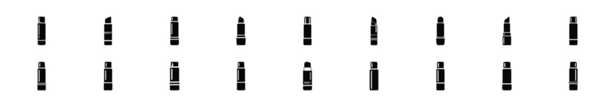 Minimalist female lip balm silhouette icon set, women view and beauty vector icons