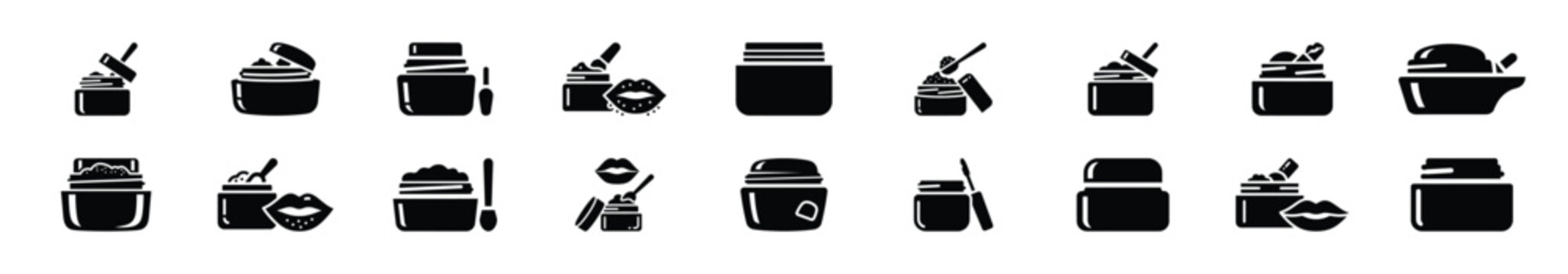 Minimalist female lip scrub silhouette icon set, women view and beauty vector icons