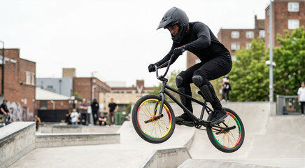 Naklejka premium Black male BMX rider performing a mid air jump with red yellow and green bike wheels. African American athlete at urban skatepark. Juneteenth theme extreme sports