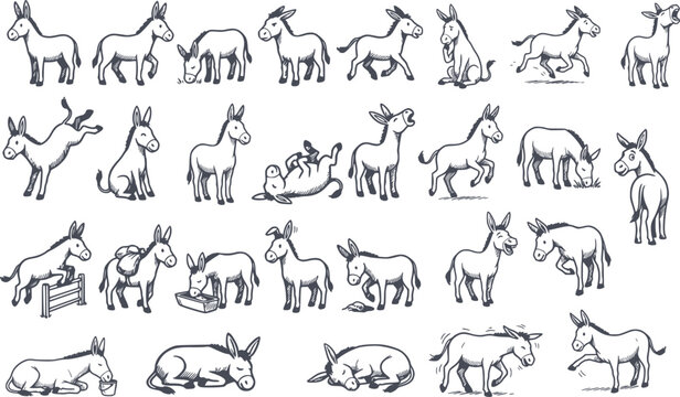 collection of donkey action poses in hand drawn style with black fill and no white fills including jumping eating and sleeping icons