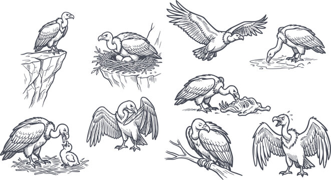 detailed vulture life cycle set including nest chick and flight scenes hand drawn style in black fill with no white fills for easy editing
