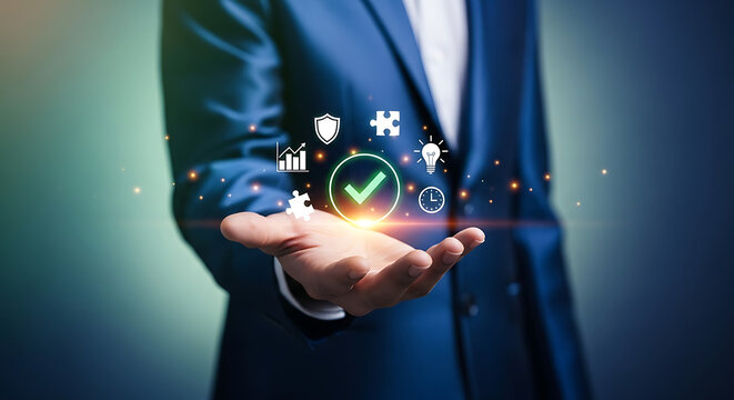 Businessman holding a glowing checkmark icon with various business and technology symbols floating above his open palm, representing quality assurance, success, and digital solutions