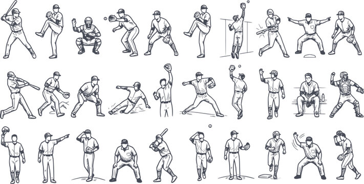 detailed set of baseball players in action poses with black fill hand drawn style this vector illustration contains no white fills and features a clean black aesthetic