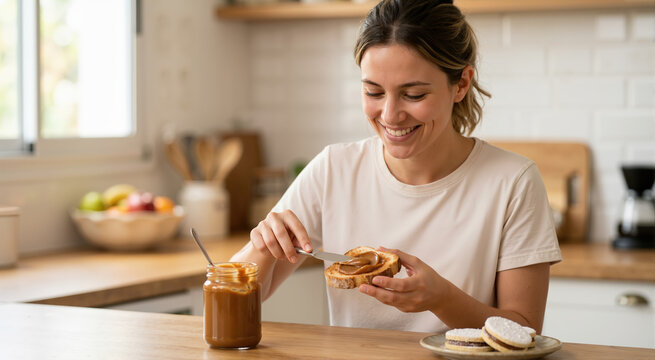 Woman spreading dulce de leche on toast in a kitchen. Sweet breakfast snack with cookies