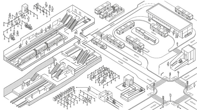 Vector line art collection of isometric public transit hub entourage elements with subway station and bus terminal