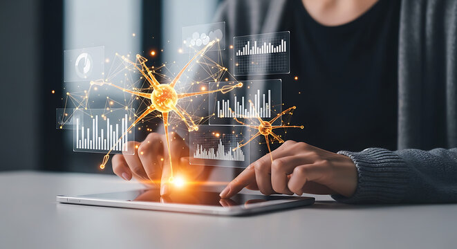 Person interacting with a digital tablet displaying abstract neural network and data analytics, representing AI, machine learning, and business intelligence