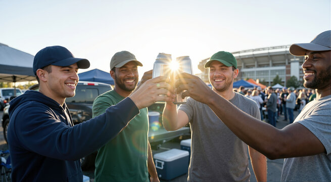 Friends toasting with drinks at stadium tailgate party. Group of sports fans cheering in parking lot