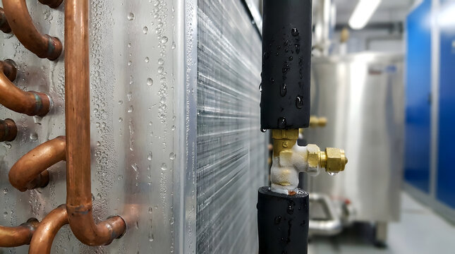 Close-up view of a condensing unit's evaporator coil with water droplets, highlighting intricate copper piping and metal fins, suggesting industrial refrigeration or HVAC systems.