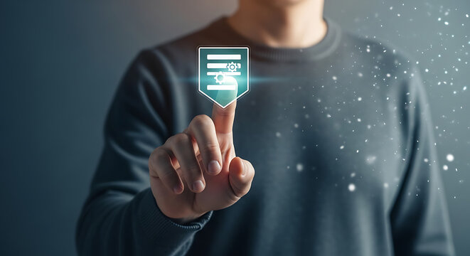 Man touching virtual shield icon with document symbol, concept of data protection, privacy, and secure digital information management
