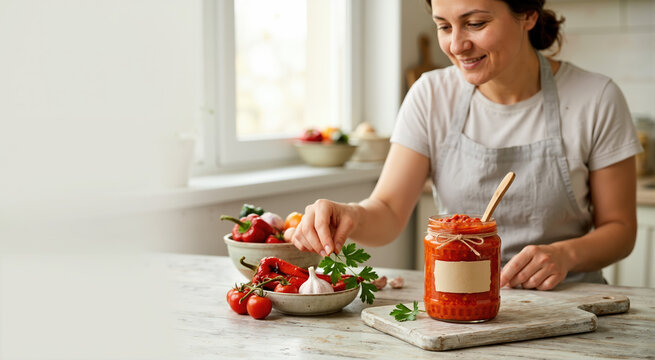 Woman preparing a jar of lyutenitsa vegetable relish in a kitchen. Homemade food concept