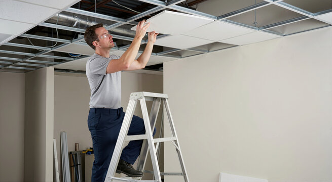 Male contractor installing drop ceiling panels on a step ladder. Construction worker fitting acoustic tiles into a suspended metal grid during room renovation