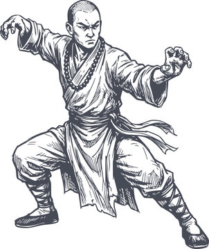shaolin monk in kung fu fighting stance hand drawn illustration with black fill and no white fills for easy editing
