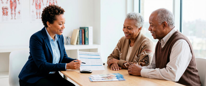 Doctor explaining a diabetes management and nutrition plan to a senior couple. Healthcare professional consulting with older African American patients in a medical office