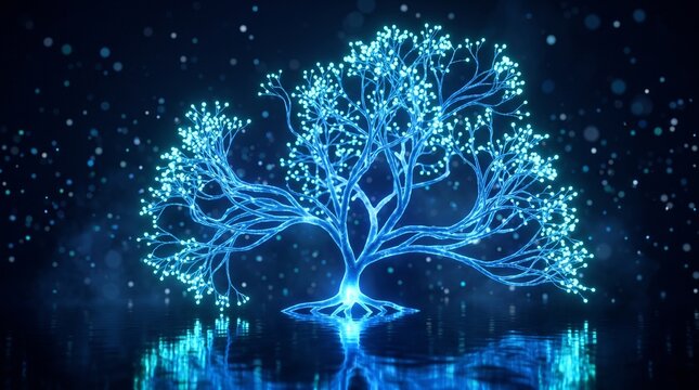 Glowing Digital Tree of Life with Neural Networks and Bio luminescent Nodes on Reflective Water Surface