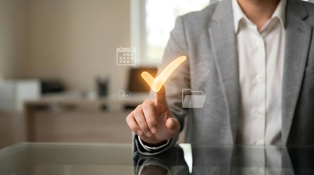 Businessman touching virtual screen with check mark icon, concept of business tasks, project completion, and successful execution