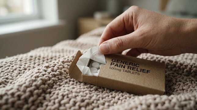 A hand opening a box of generic pain relief tablets on a bed influenza in the winter season