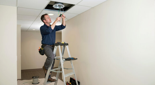 Male electrician wiring recessed lighting in drop ceiling. Professional contractor standing on stepladder in empty office hallway. Copy space for text