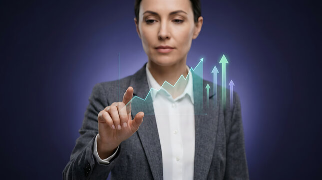 Businesswoman Interacting with Digital Growth Graph and Arrows, Representing Financial Success and Data Analysis