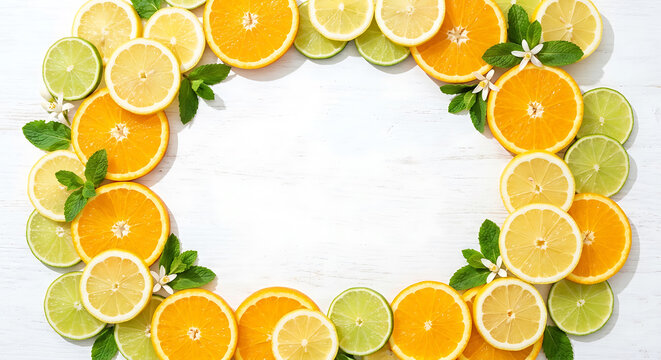 Summer background with orange, lemon and lime slices and mint leaves border