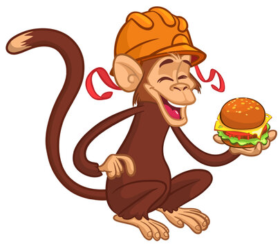 Cartoon funny monkey chimpanzee holding tasty delicious burger in his hands in Safety helmet. Vector illustration of happy monkey character design isolated.