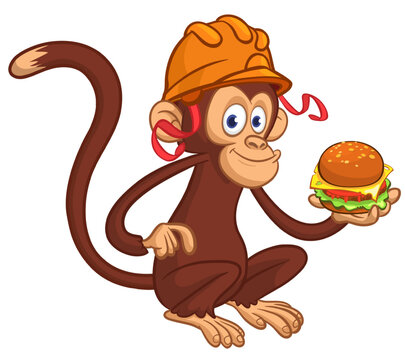 Cartoon funny monkey chimpanzee holding tasty delicious burger in his hands in Safety helmet. Vector illustration of happy monkey character design isolated.