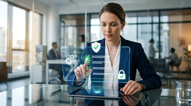 Businesswoman interacting with a futuristic digital interface displaying security and data protection icons in a modern office environment