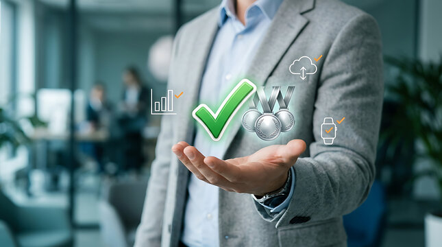 Business professional holding a glowing digital icon representing team success, quality assurance, and approval in a modern office.