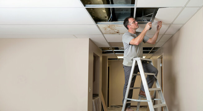 Male builder cutting drop ceiling panel with hand saw. Handyman on stepladder repairing suspended ceiling in commercial office space