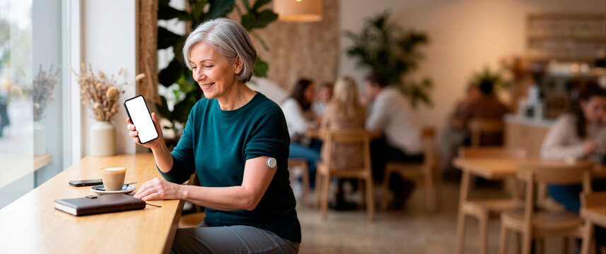 Senior woman in a cafe looking at a blank smartphone screen. Elderly female with a continuous glucose monitor patch on her arm managing diabetes with a mobile app. Copy space for text